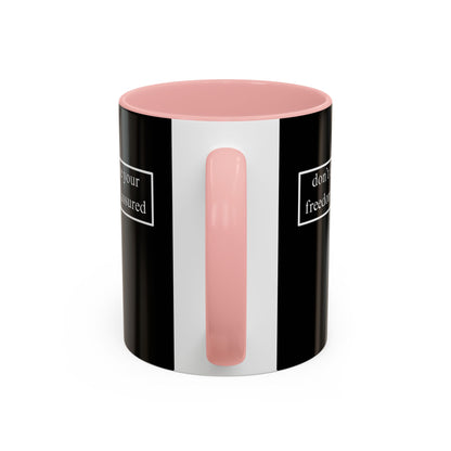 don't assume your freedoms are assured, White font, Black Accent Mug by cypherpunkgear.com