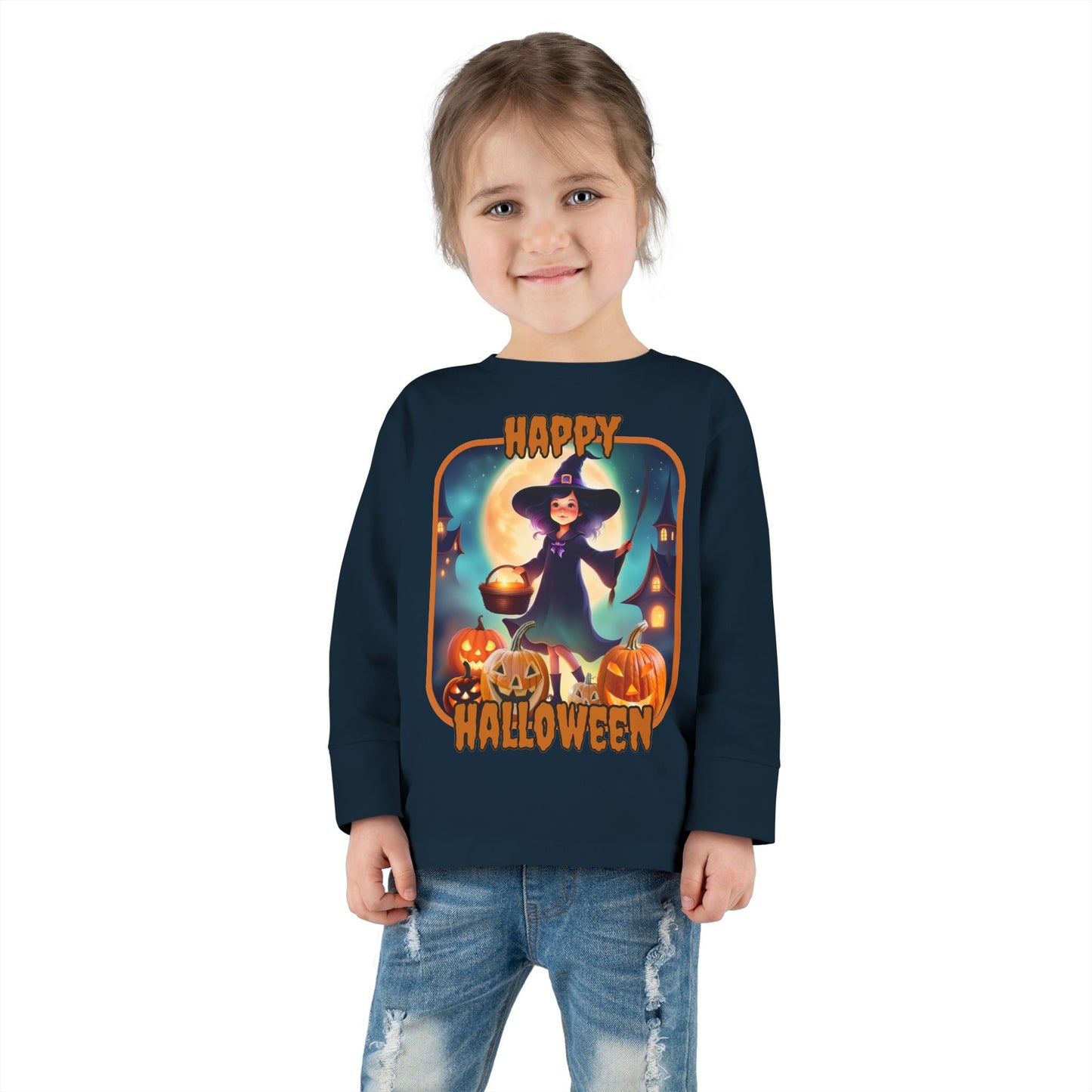 Happy Halloween Little Witch Orange font Toddler Long Sleeve Tee by CreepyCrafts.boo