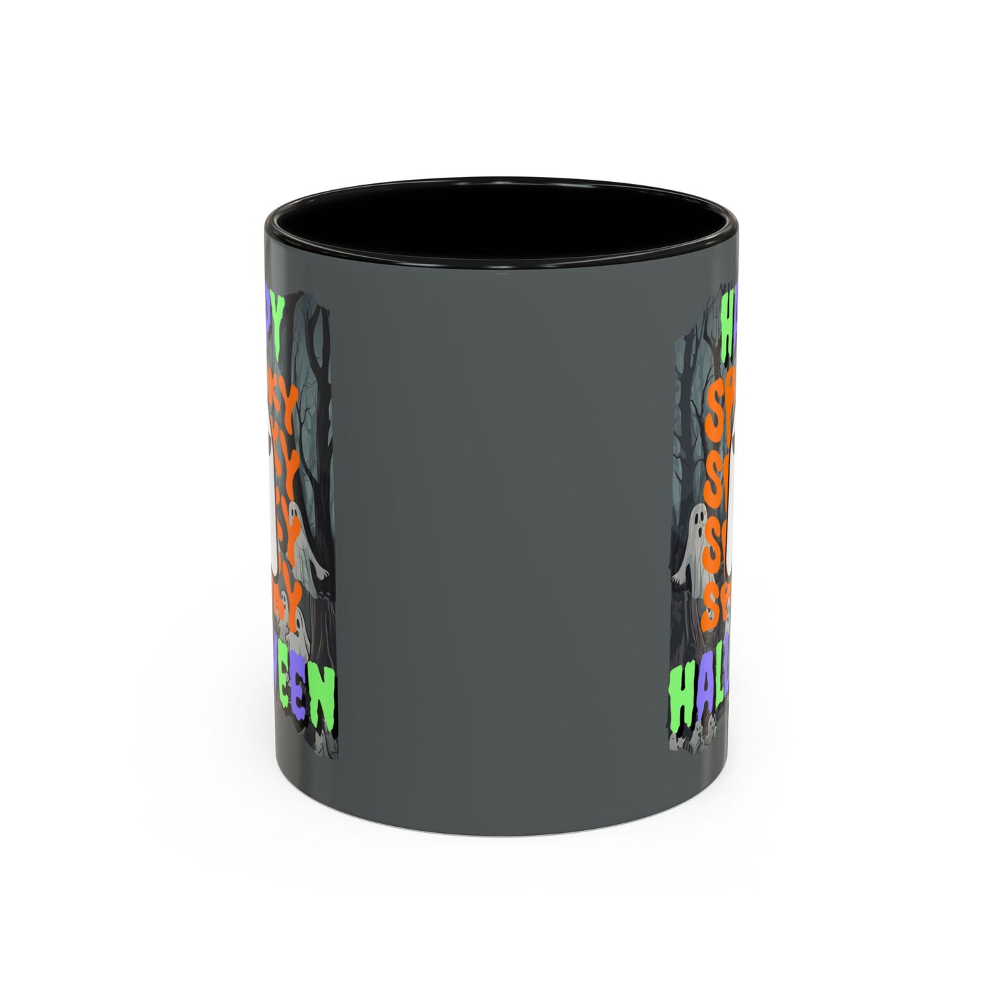 Spooky Happy Halloween Ghost Mixed font Grey Accent Mug by CreepyCrafts.boo