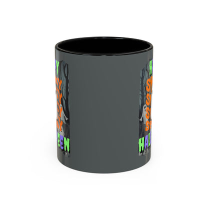 Spooky Happy Halloween Ghost Mixed font Grey Accent Mug by CreepyCrafts.boo