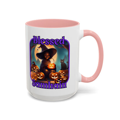 Blessed Samhain Cute Witch Purple font White Accent Mug by CreepyCrafts.boo