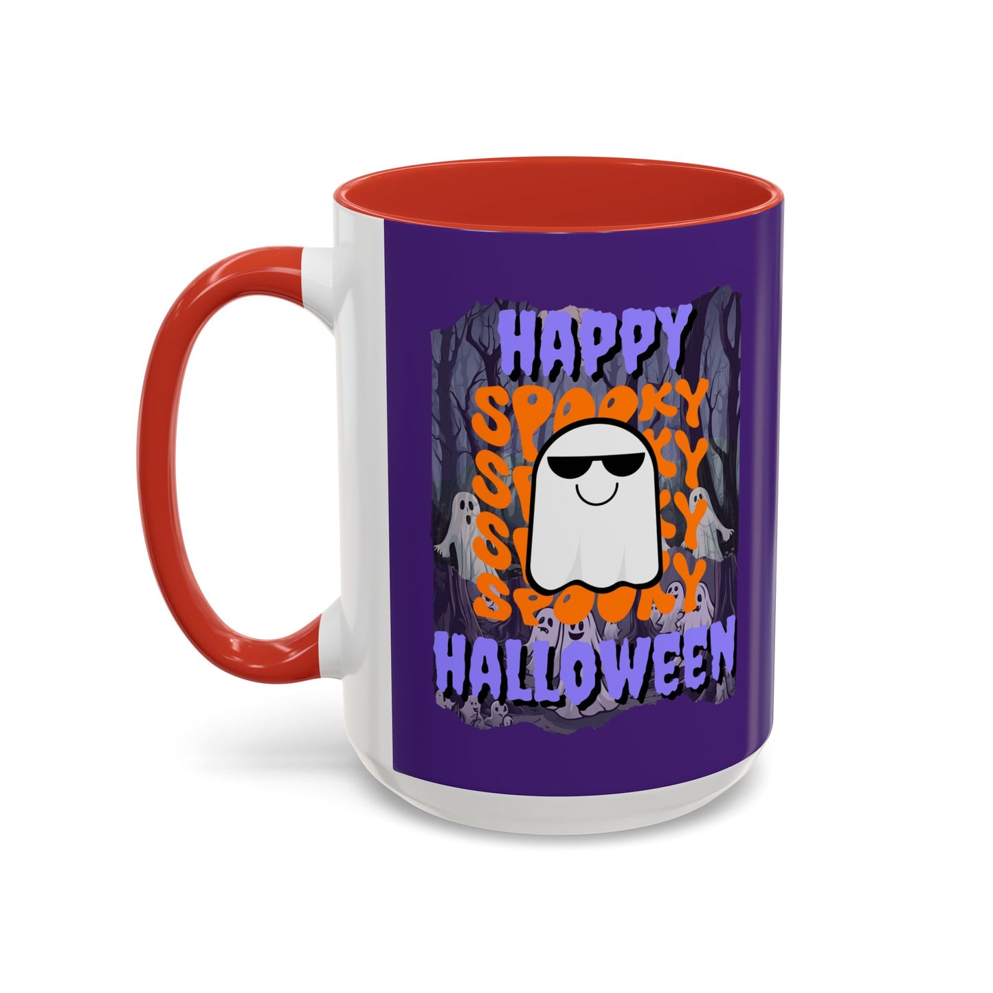 Spooky Happy Halloween Ghost Purple font Purple Accent Mug by CreepyCrafts.boo