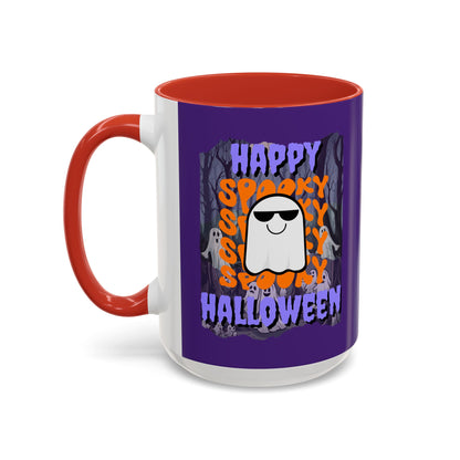 Spooky Happy Halloween Ghost Purple font Purple Accent Mug by CreepyCrafts.boo