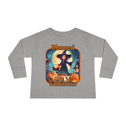 Blessed Samhain Little Witch ORfont Toddler Long Sleeve Tee by cypherpunkgear