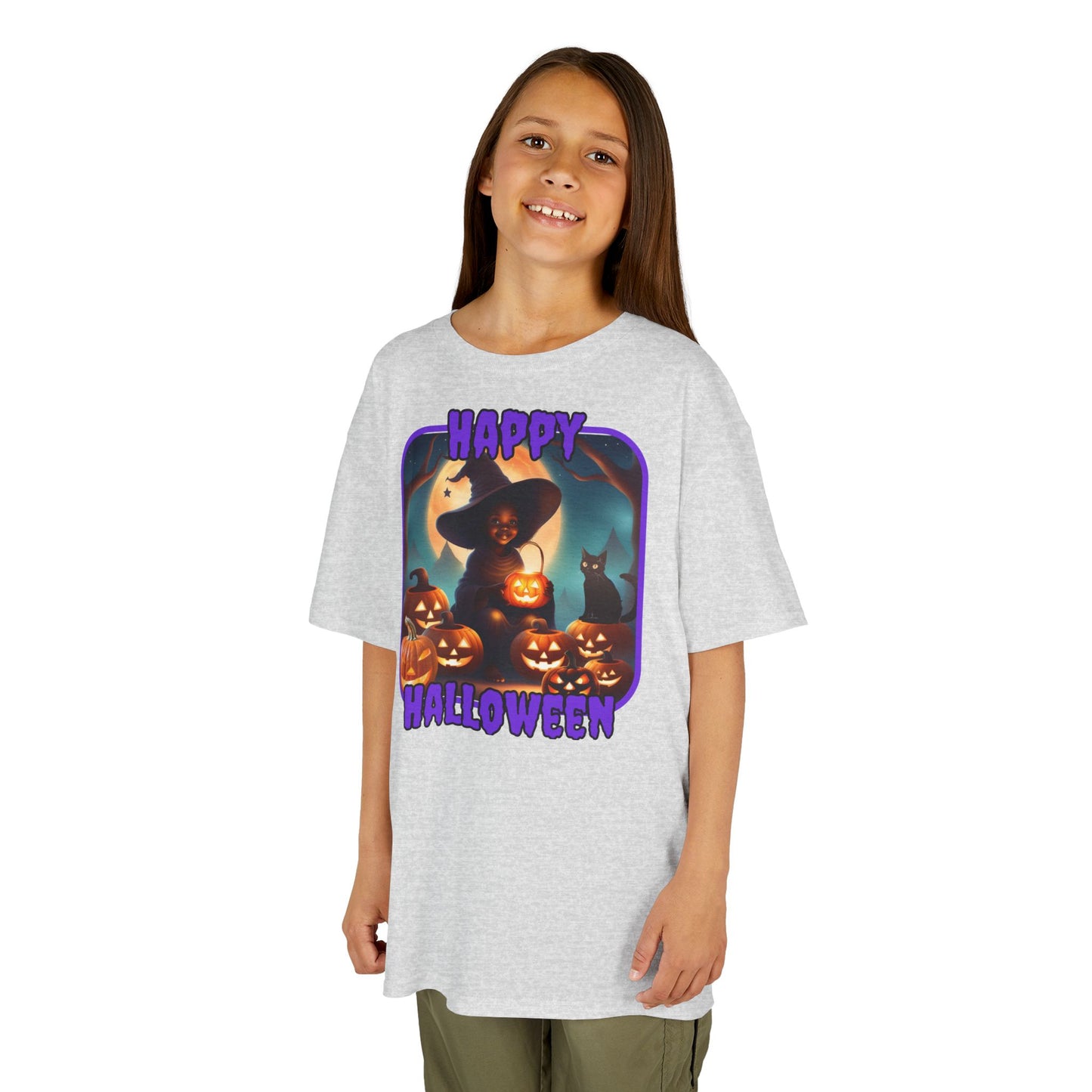 Happy Halloween Cute Witch Purple font Kids Heavy Cotton™ Tee by CreepyCrafts.boo