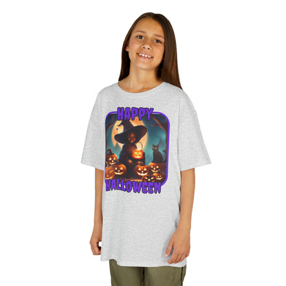 Happy Halloween Cute Witch Purple font Kids Heavy Cotton™ Tee by CreepyCrafts.boo