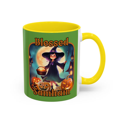 Blessed Samhain Little Witch Orange font Green Accent Mug by CreepyCrafts.boo