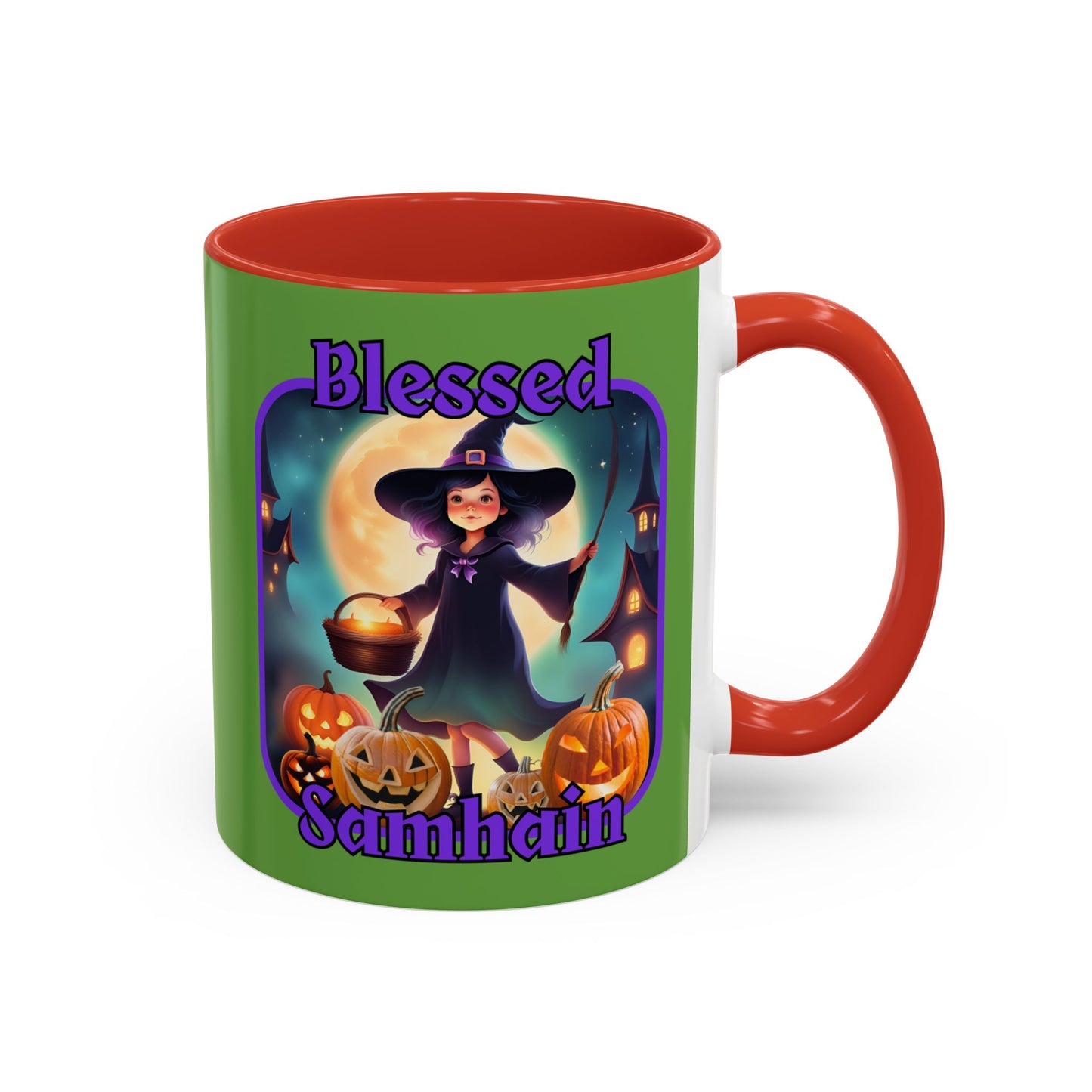 Blessed Samhain Little Witch Purple font Green Accent Mug by CreepyCrafts.boo