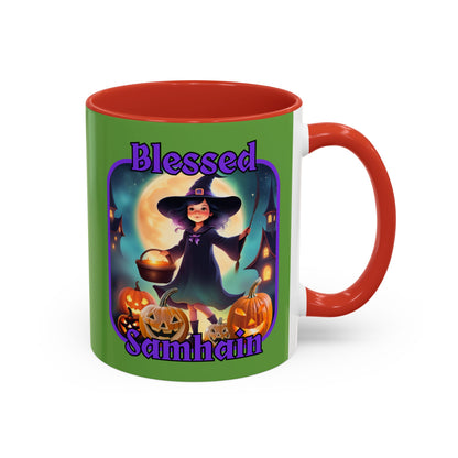 Blessed Samhain Little Witch Purple font Green Accent Mug by CreepyCrafts.boo
