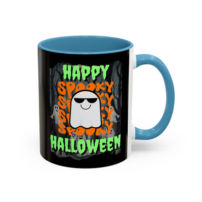 Spooky Happy Halloween Ghost Green font Black Accent Mug by CreepyCrafts.boo