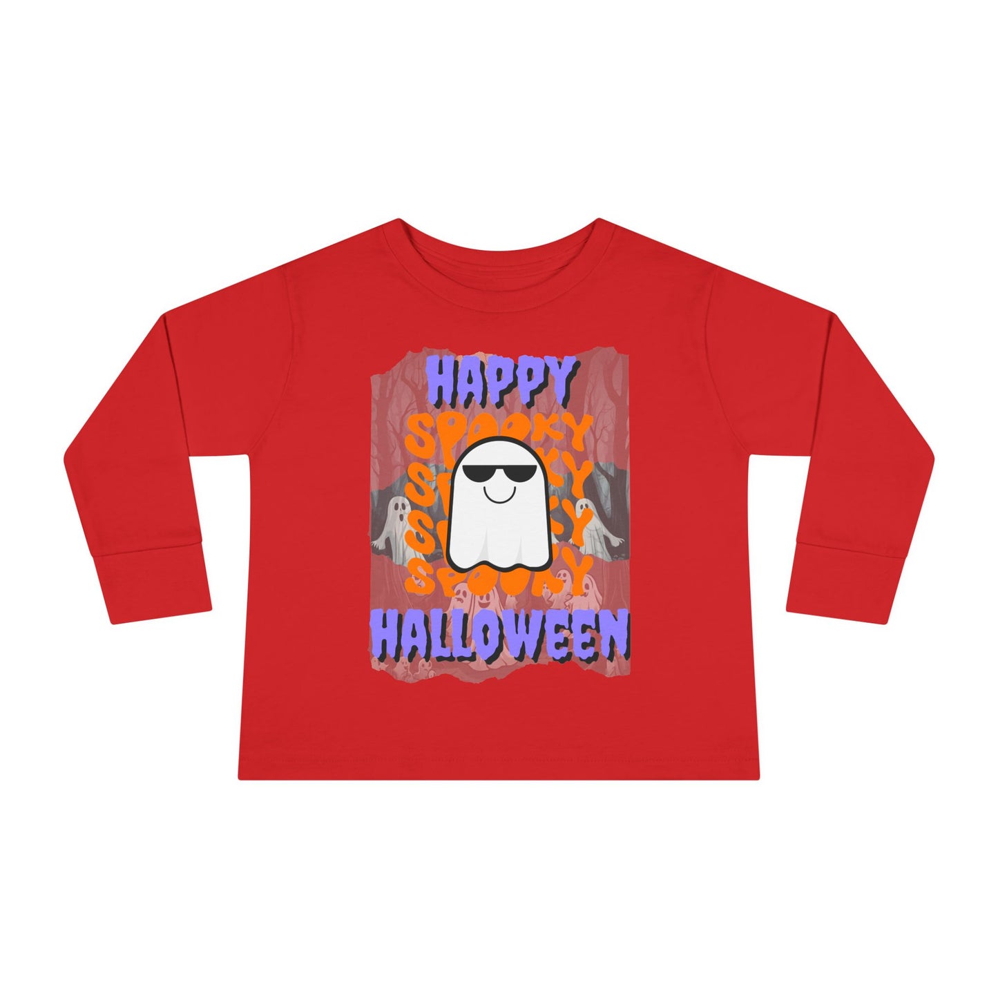 Spooky Happy Halloween Ghost Purple font Toddler Long Sleeve Tee by CreepyCrafts.boo