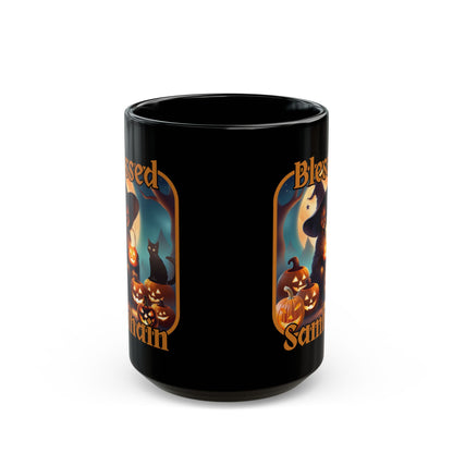Blessed Samhain Cute Witch Orange font Black Mug by CreepyCrafts.boo