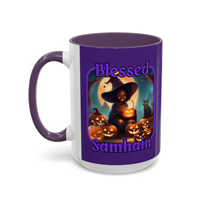 Blessed Samhain Cute Witch Purple font Purple Accent Mug by CreepyCrafts.boo