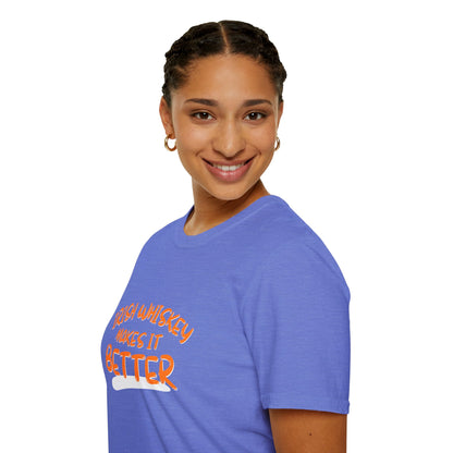 Irish Whiskey makes it better Orange font Light colors Unisex T-Shirt by cypherpunkgear.com