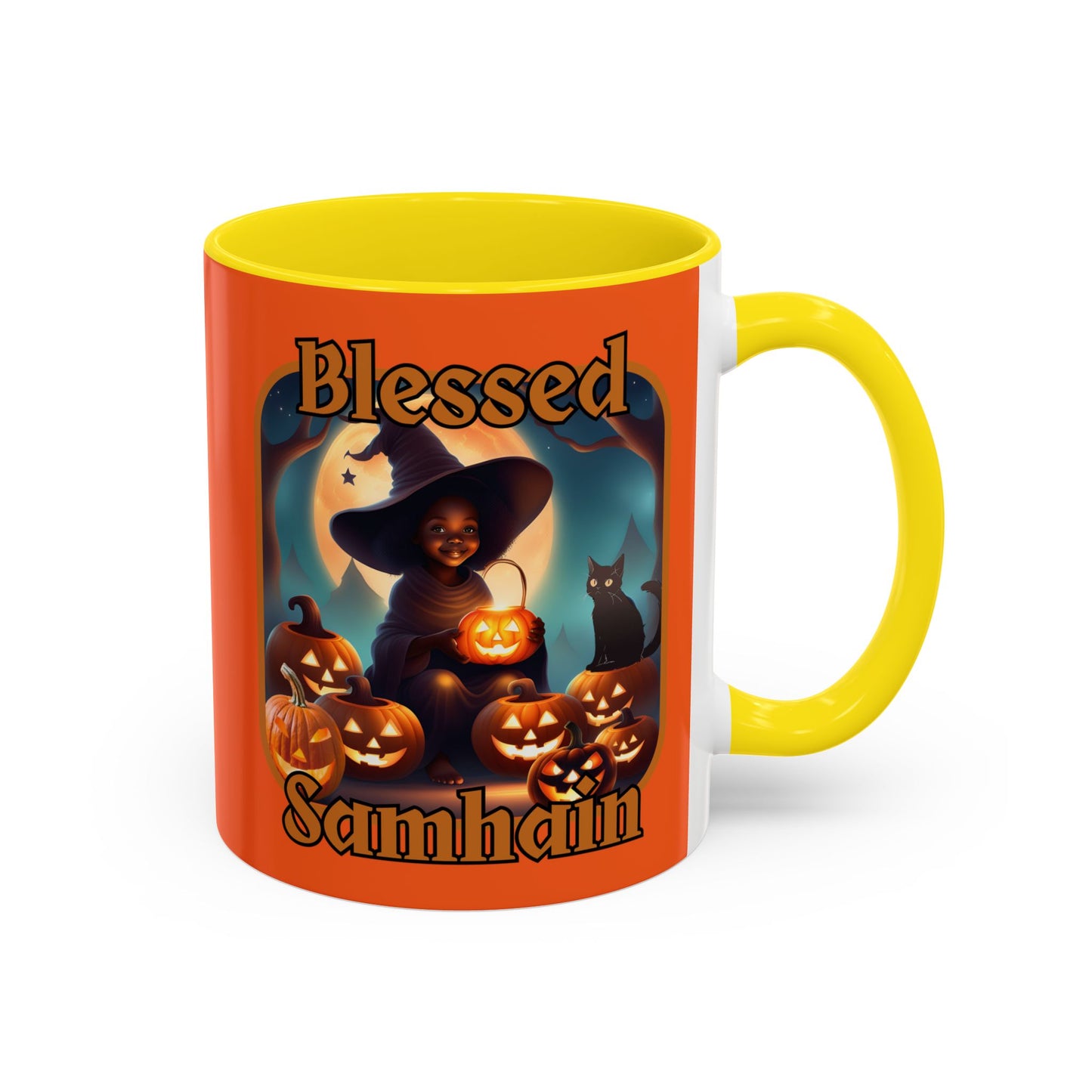Blessed Samhain Cute Witch Orange font Orange Accent Mug by CreepyCrafts.boo