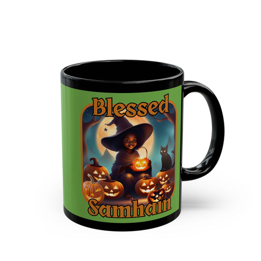 Blessed Samhain Cute Witch Orange font Green Mug by CreepyCrafts.boo