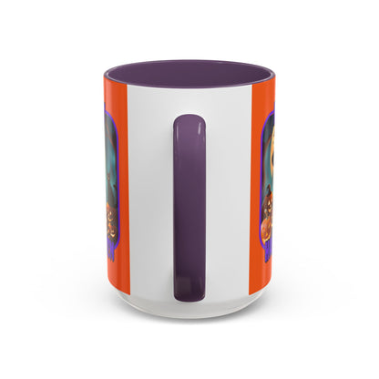 Happy Halloween Cute Witch Purple font Orange Accent Mug by CreepyCrafts.boo
