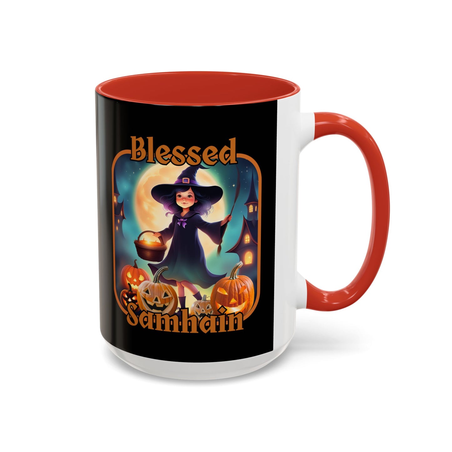Blessed Samhain Little Witch Orange font Black Accent Mug by CreepyCrafts.boo