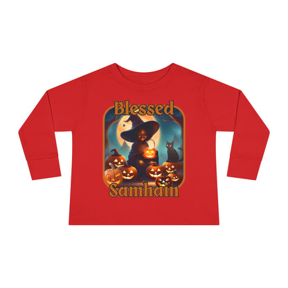 Blessed Samhain Cute Witch Orange font Toddler Long Sleeve Tee by CreepyCrafts.boo