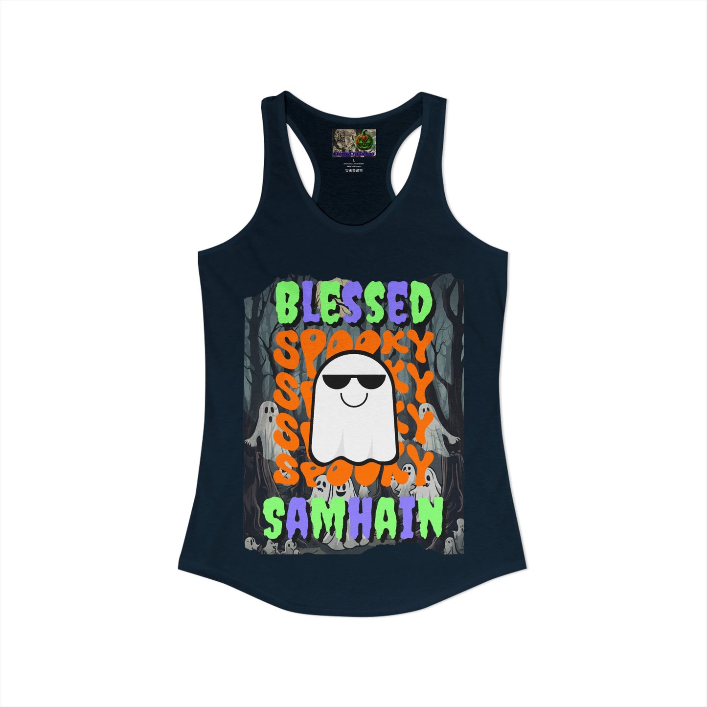 Spooky Blessed Samhain Ghost Mixed font Women's Racerback Tank Top by CreepyCrafts.boo