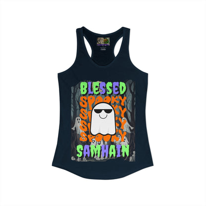 Spooky Blessed Samhain Ghost Mixed font Women's Racerback Tank Top by CreepyCrafts.boo