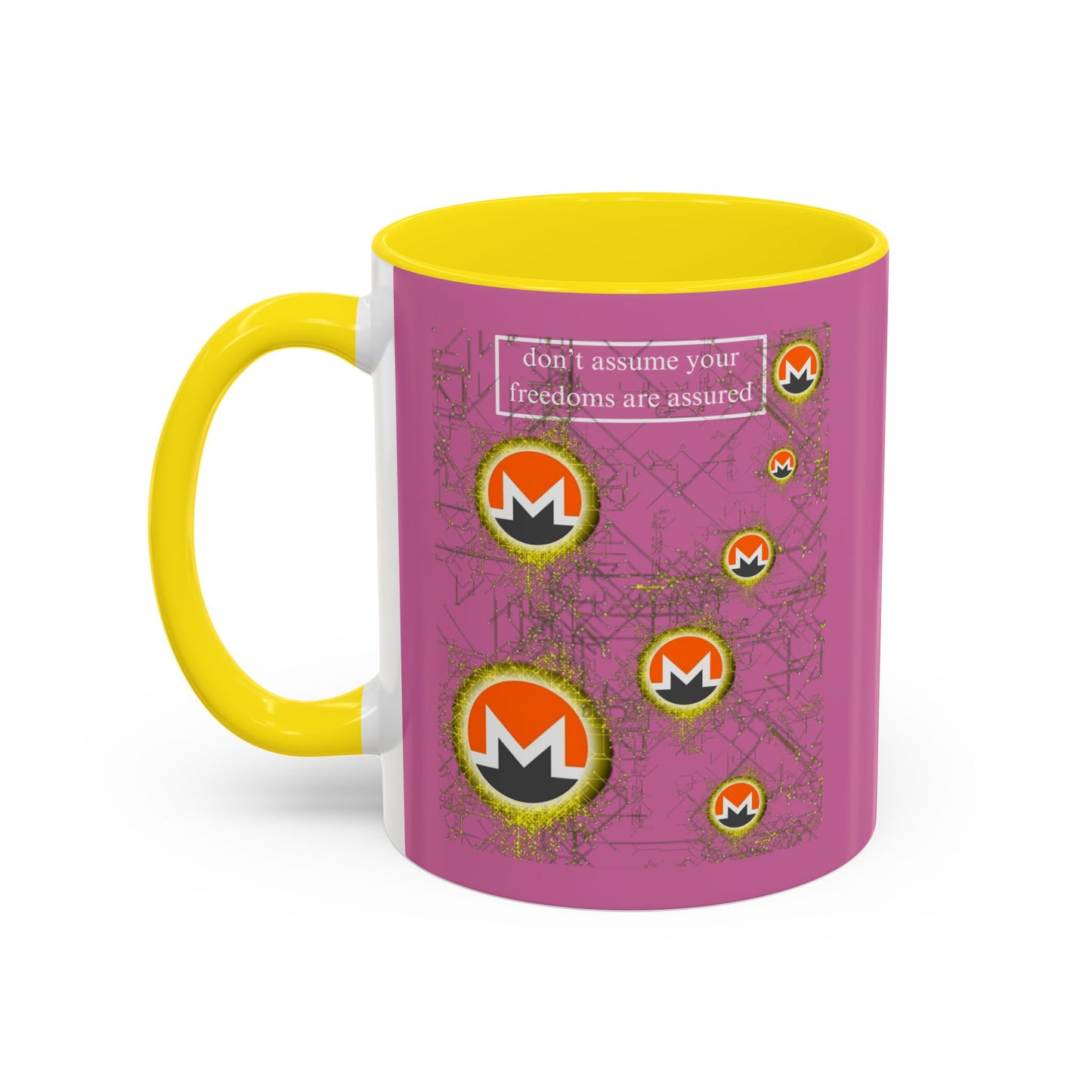 Monero (XMR) don't assume your freedoms are assured Pink Accent Mug by cypherpunkgear.com