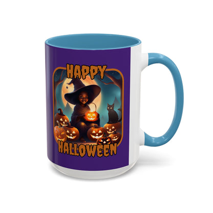 Happy Halloween Cute Witch Orange font Purple Accent Mug by CreepyCrafts.boo