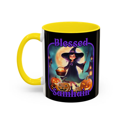 Blessed Samhain Little Witch Purple font Black Accent Mug by CreepyCrafts.boo