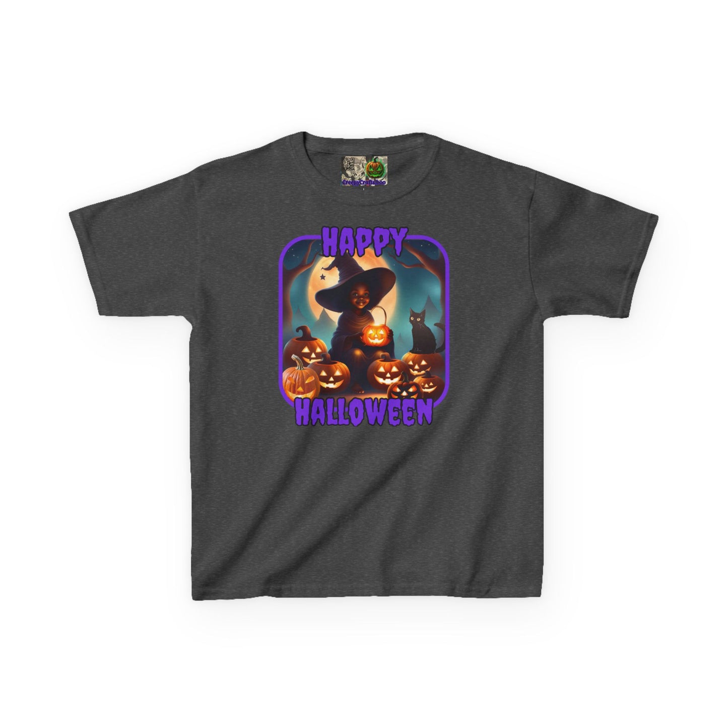 Happy Halloween Cute Witch Purple font Kids Heavy Cotton™ Tee by CreepyCrafts.boo