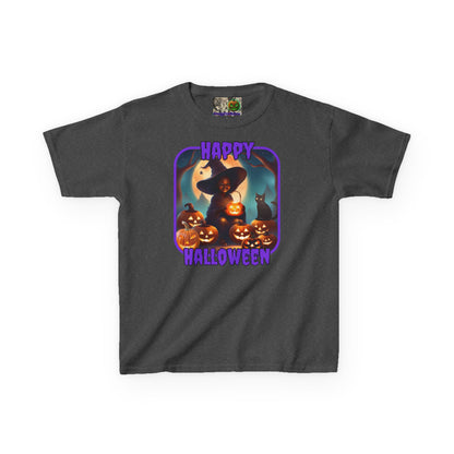 Happy Halloween Cute Witch Purple font Kids Heavy Cotton™ Tee by CreepyCrafts.boo