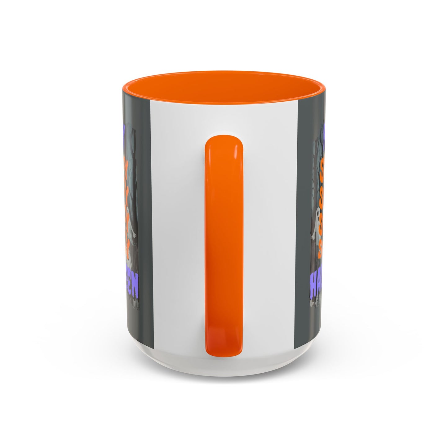 Spooky Happy Halloween Ghost Purple font Grey Accent Mug by CreepyCrafts.boo