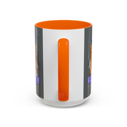 Spooky Happy Halloween Ghost Purple font Grey Accent Mug by CreepyCrafts.boo