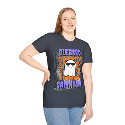 Spooky Blessed Samhain Ghost Purple font Unisex T-Shirt by CreepyCrafts.boo