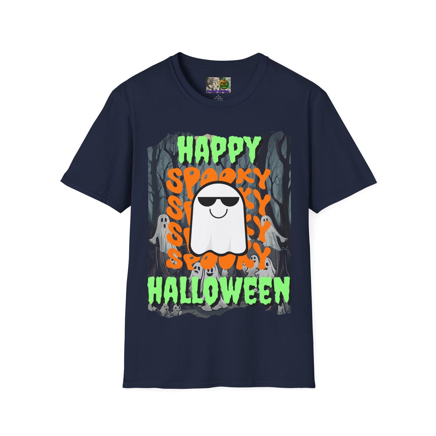Spooky Happy Halloween Ghost Dark colors Green font Unisex T-Shirt by CreepyCrafts.boo
