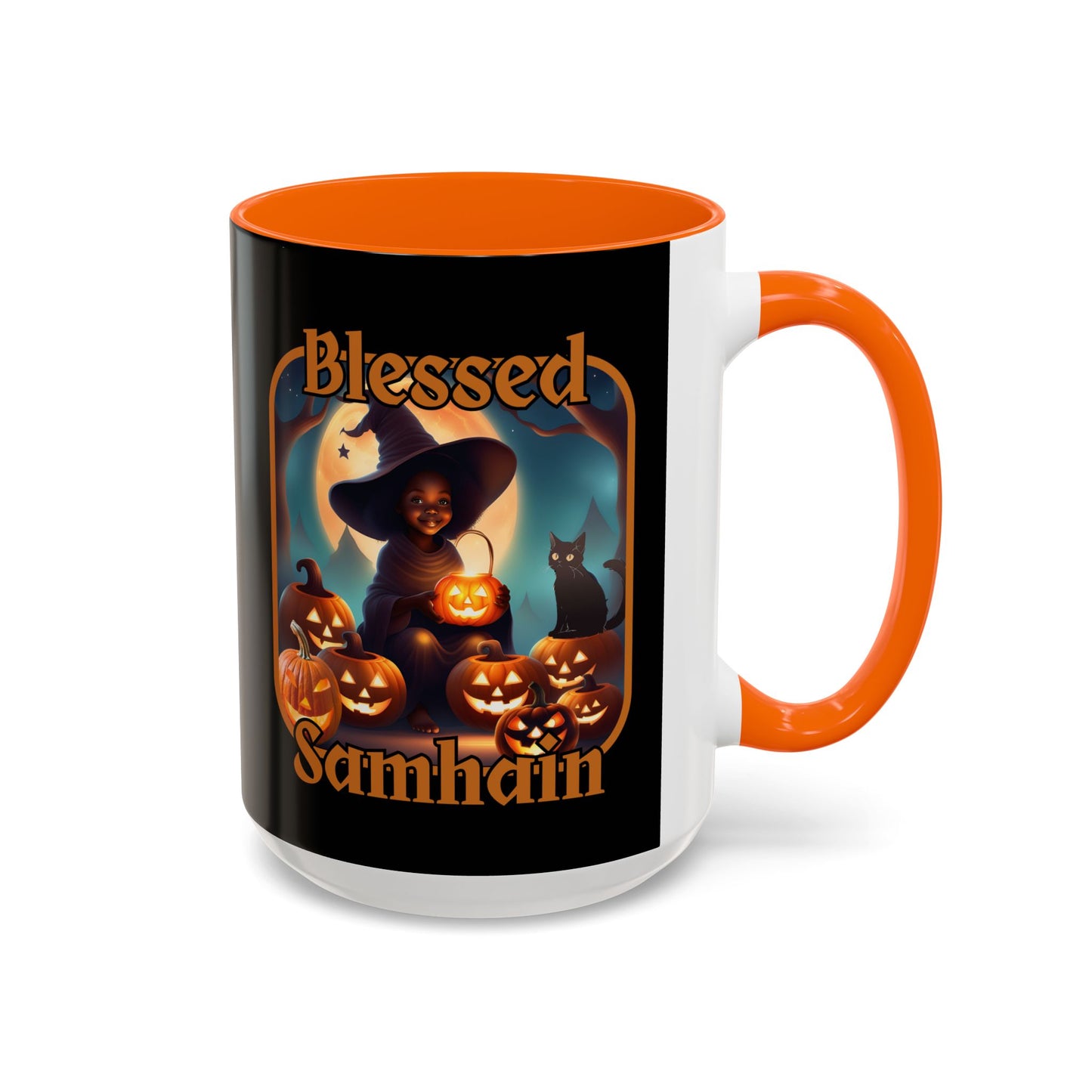 Blessed Samhain Cute Witch Orange font Black Accent Mug by CreepyCrafts.boo