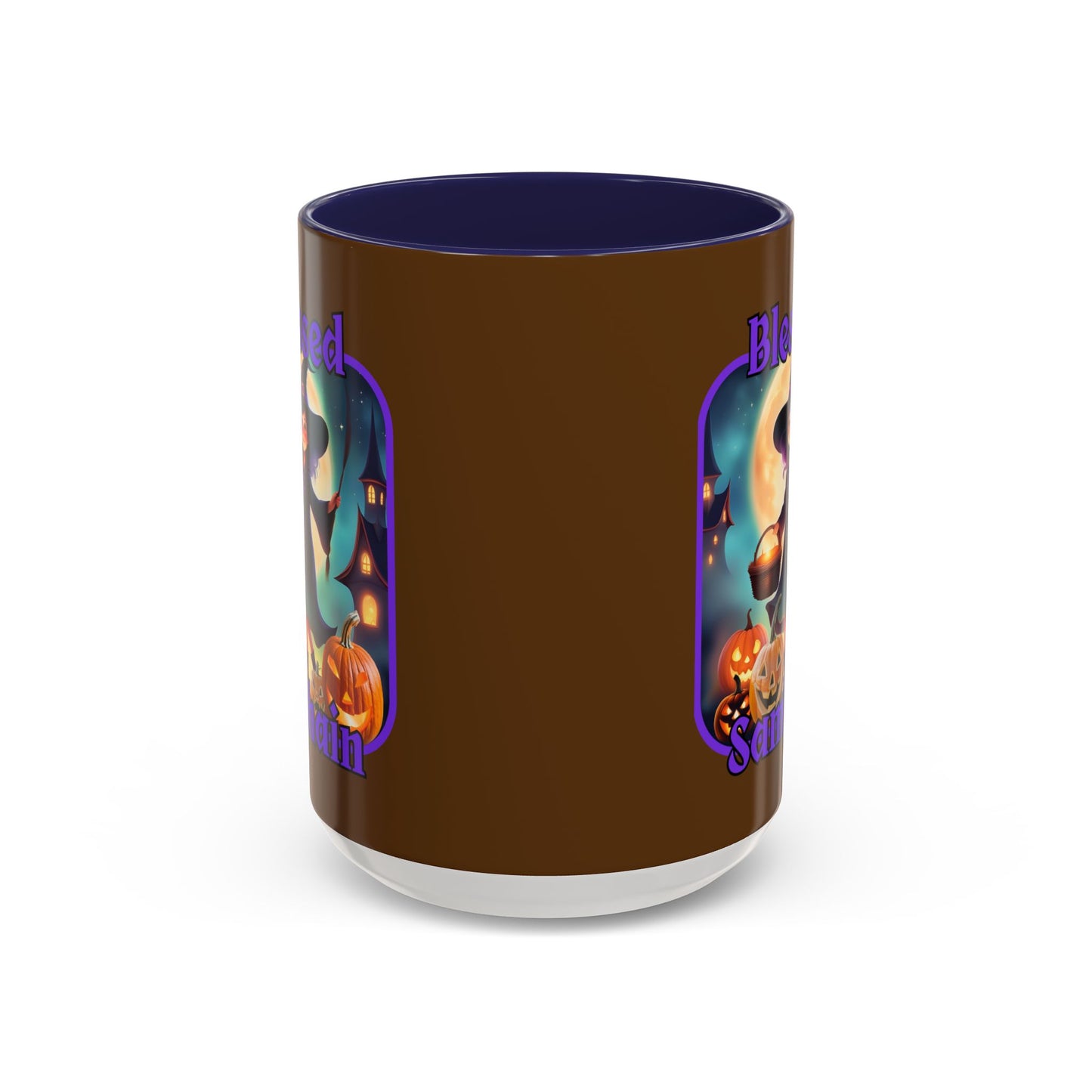 Blessed Samhain Little Witch Purple font Brown Accent Mug by CreepyCrafts.boo