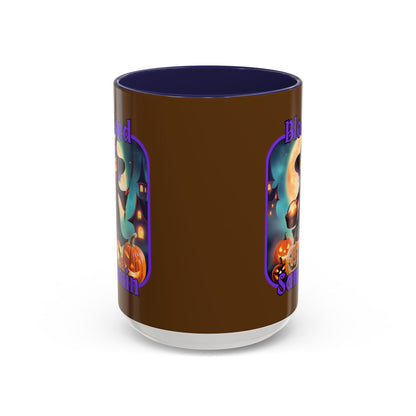 Blessed Samhain Little Witch Purple font Brown Accent Mug by CreepyCrafts.boo
