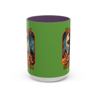 Blessed Samhain Cute Witch Orange font Green Accent Mug by CreepyCrafts.boo