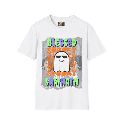 Spooky Blessed Samhain Ghost Mixed font Unisex T-Shirt by CreepyCrafts.boo