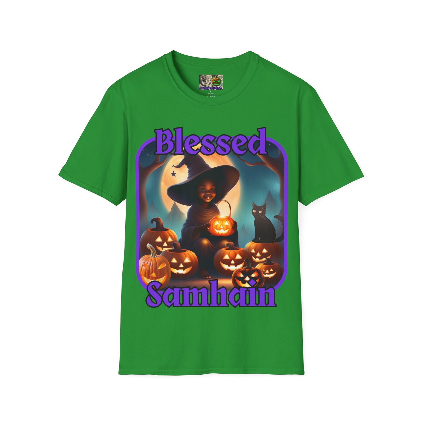 Blessed Samhain Cute Witch Purple font Dark colors Unisex T-Shirt by CreepyCrafts.boo