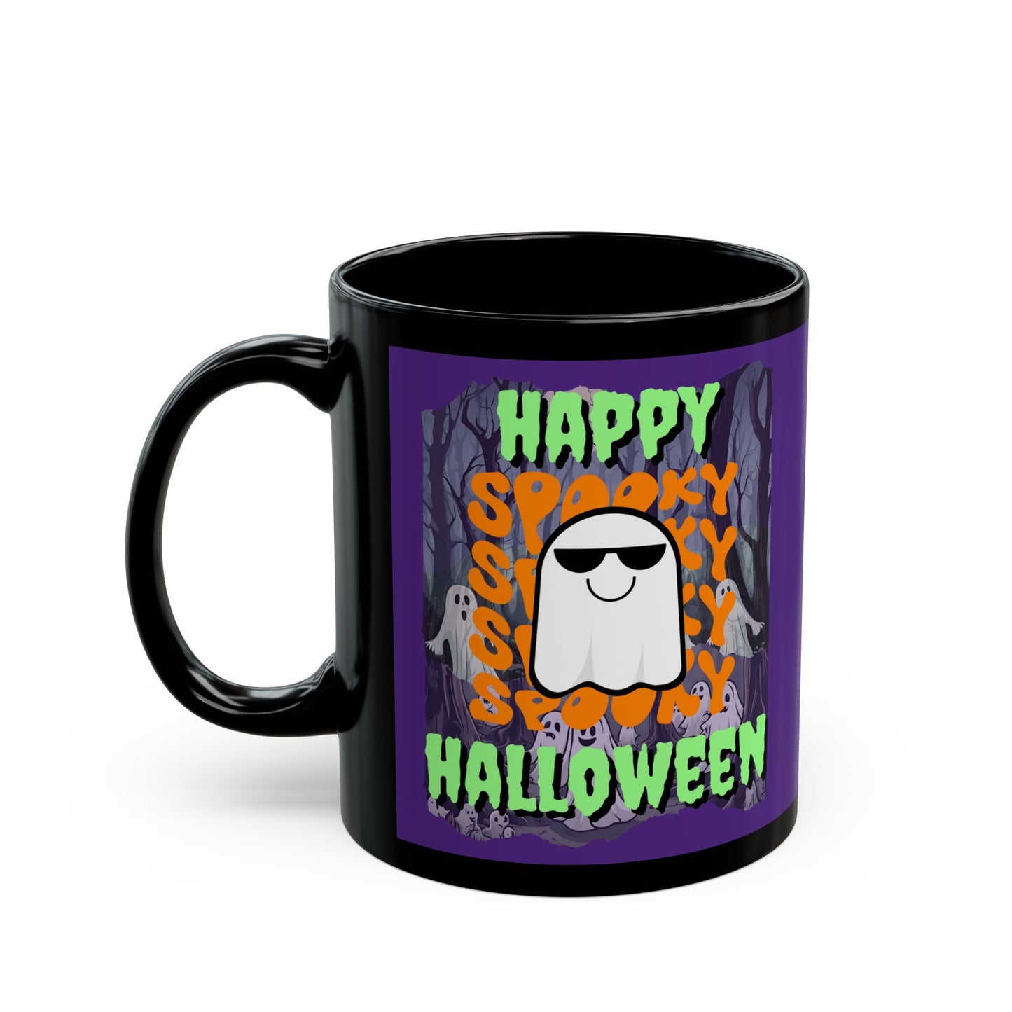 Spooky Happy Halloween Ghost Green font Purple Mug by CreepyCrafts.boo