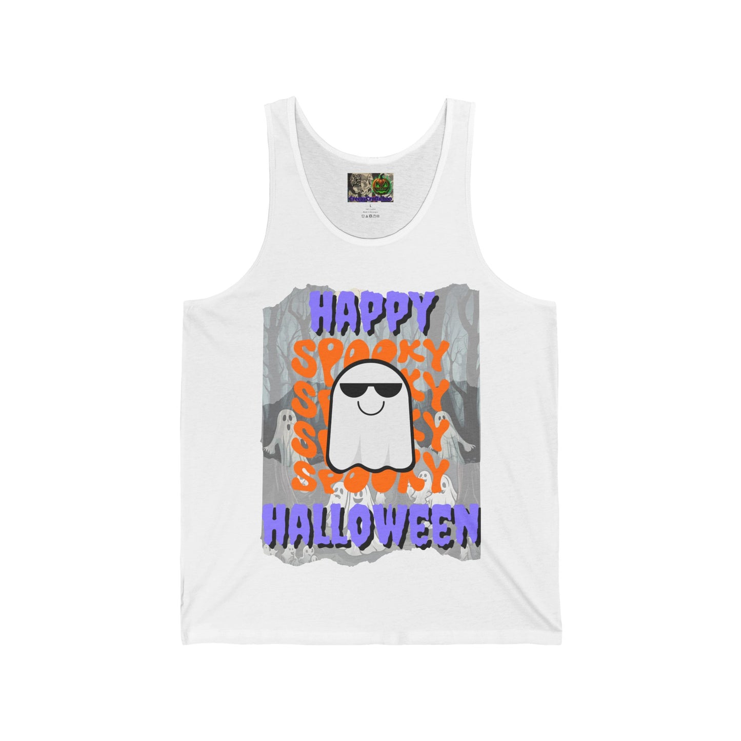 Spooky Happy Halloween Ghost Purple font Unisex Jersey Tank Top by CreepyCrafts.boo