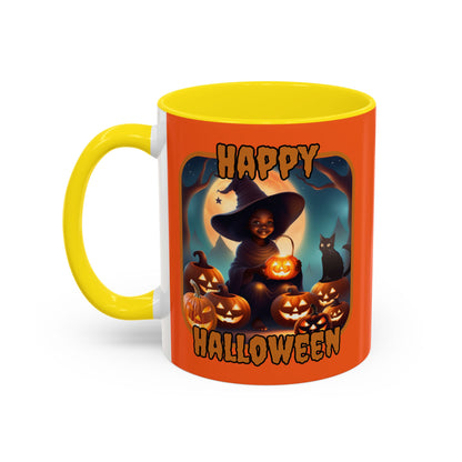 Happy Halloween Cute Witch Orange font Orange Accent Mug by CreepyCrafts.boo
