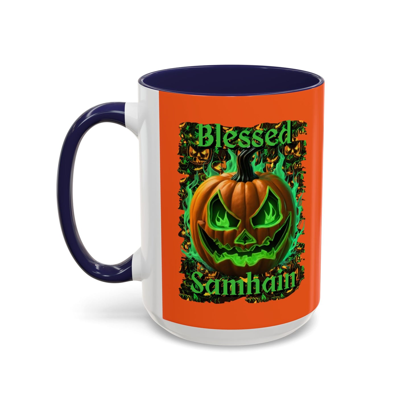 Blessed Samhain Green Jack Orange Accent Mug by CreepyCrafts.boo
