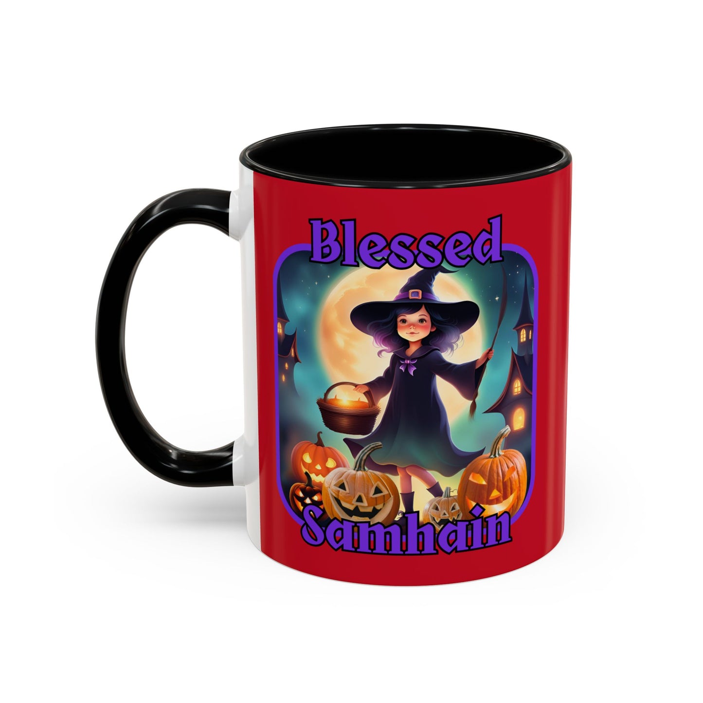 Blessed Samhain Little Witch Purple font Red Accent Mug by CreepyCrafts.boo