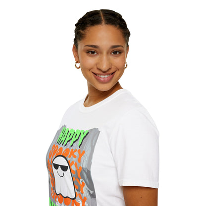 Spooky Happy Halloween Ghost Light colors Green font Unisex T-Shirt by CreepyCrafts.boo