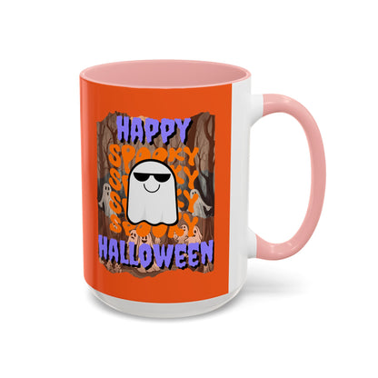 Spooky Happy Halloween Ghost Purple font Orange Accent Mug by CreepyCrafts.boo