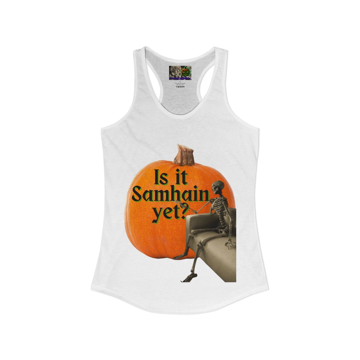 Is It Samhain Yet? Skeleton's Giant Pumpkin Women’s Racerback Tank Top by CreepyCrafts.boo