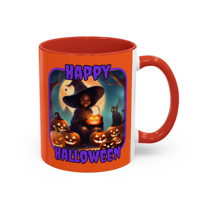 Happy Halloween Cute Witch Purple font Orange Accent Mug by CreepyCrafts.boo