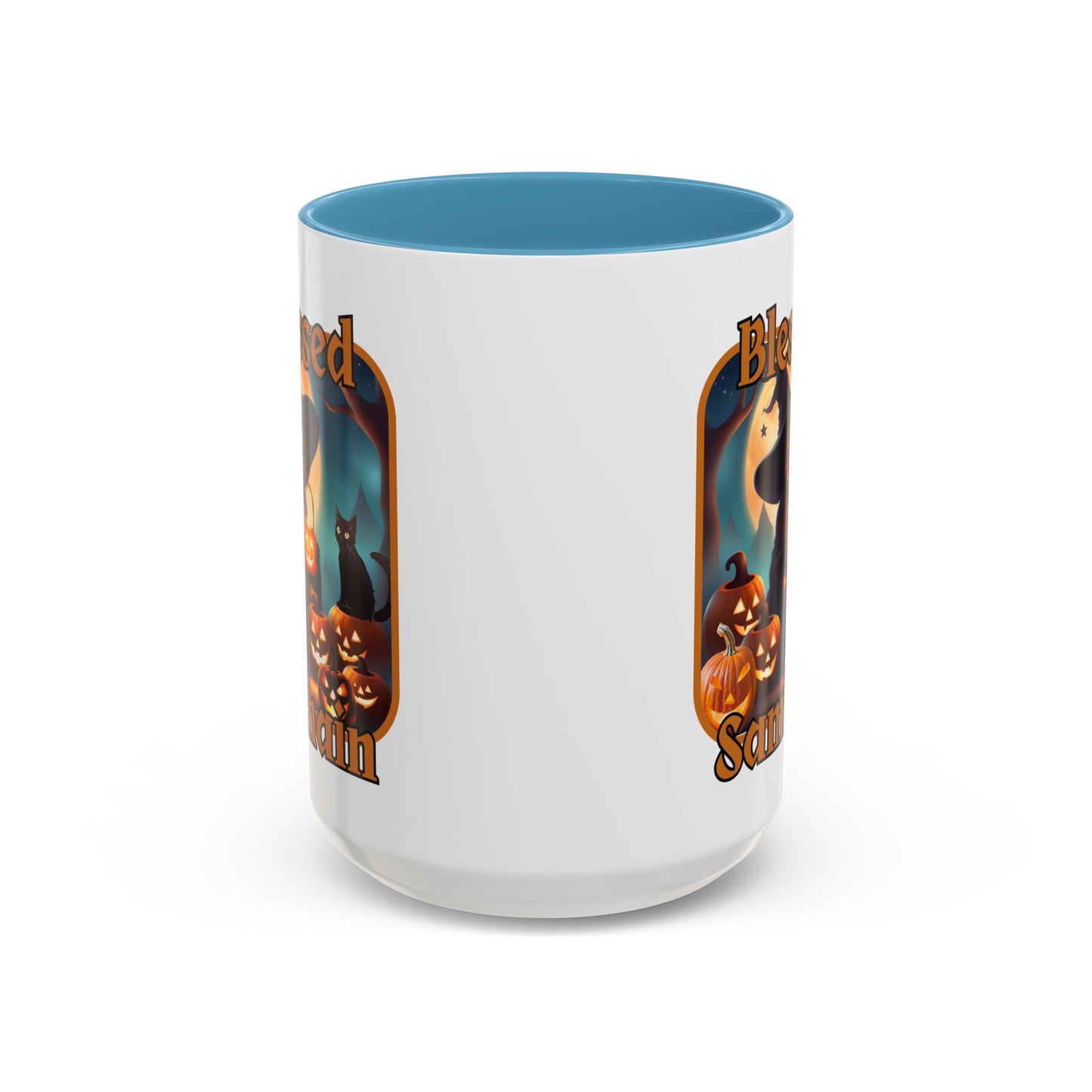 Blessed Samhain Cute Witch Orange font White Accent Mug by CreepyCrafts.boo